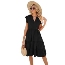 Robe D'Été Mi-Longue à Volants et Col en V pour Femme, Noire, Taille XL