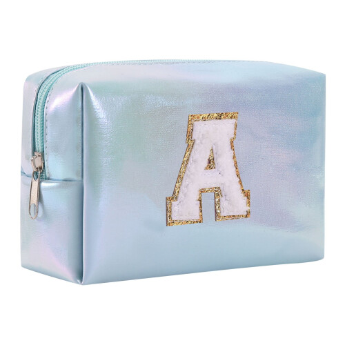 Blue Embroidered Cosmetic Travel Bag with Alphabet Design 1