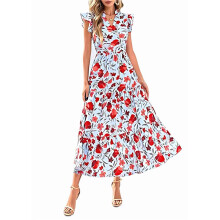 Robe Mi-Longue Imprimée à Col en V et Manches Volantées Plissées Image 1 XL