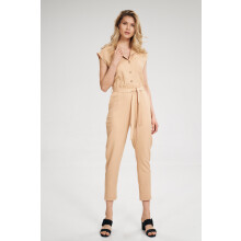 Elegant kortærmet jumpsuit - jumpsuit med binding i taljen, beige M695, størrelse L