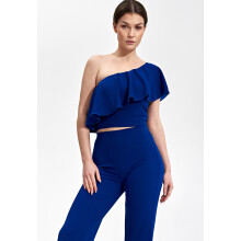 Damebluse med flæser - bluse med én skulder, safirgrøn M875 størrelse L/XL