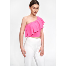 Damebluse med flæser - bluse med én skulder, pink M875 størrelse L/XL