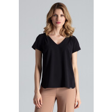 Enkel damebluse med V-hals, sort, størrelse M