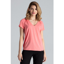 Enkel damebluse med V-hals, koral M665, størrelse L