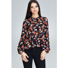 Bluse med flæser forneden - bluse med vide ærmer, sort med blomster, M594, størrelse L