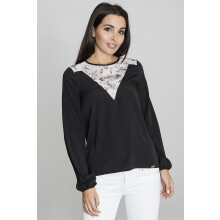 Elegant sort bluse med blomsterudskæring M549 størrelse S