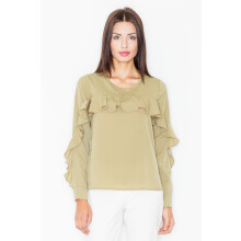 Elegant olivengrøn bluse med flæser M466 størrelse L
