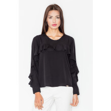 Elegant bluse med flæser, sort M466, størrelse S
