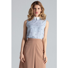 Elegant bluse til nederdel - ærmeløs bluse blå med fugle M370 størrelse XL