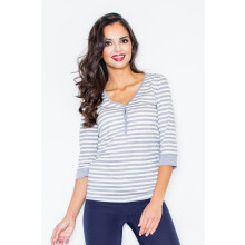 Damestribet bluse - langærmet stribet bluse - grå bluse M289 størrelse S