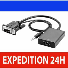 VGA to HDMI Adapter with 1080p Support, 3.5 mm Audio Cable, Power Cable, Black For PC and Monitor