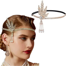 Gold Gatsby Style Headband with Rhinestones, Pearls and Tassel Fringe for Party and Vintage Costume Wear