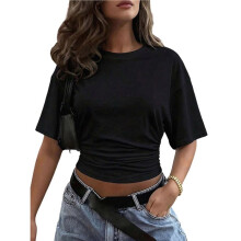 Camiseta Feminina de Gola Redonda com Cintura Ajustável, Manga Curta, Estilo Casual, Ideal para Exercícios Preto S