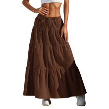 Women'S Boho Flowy Maxi Skirt Flared Ruffle Elastic Waist Summer A Spring Long Skirts Brown L