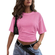 Camiseta Feminina de Gola Redonda com Cintura Ajustável, Manga Curta, Estilo Casual, Ideal para Exercícios Rosa XXL