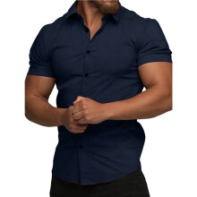 Camisa Masculina de Manga Curta com Botões, Modelagem Justa, Ideal para o Verão, com Alta Elasticidade e Que Não Amassa Azul Marinho XL