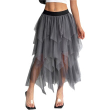 Saia Feminina Irregular de Tule e Malha, Cintura Alta, Versátil, Modeladora e com Camadas. Cinza M