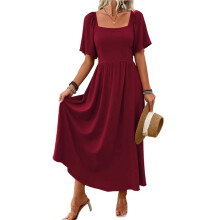 Vestido Longo Feminino Boêmio Elegante com Decote Quadrado, Mangas Bufantes e Babados, Ideal para Shows, Praia e Férias Vinho Tinto L
