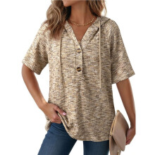 Blusas Femininas de Manga Curta com Botões, Decote em V, Malha Waffle, Capuz com Cordão, Estilo Casual. Cor de Damasco XXL