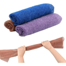 Conjunto de 3 esponjas esfoliantes para banho, nas cores azul, café e roxa, feitas de nylon resistente, suaves e eficazes.