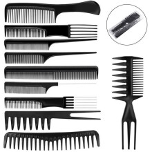 Conjunto de 10 escovas e pentes de plástico, pretos, ferramentas duráveis para estilizar e cuidar dos cabelos no dia a dia.