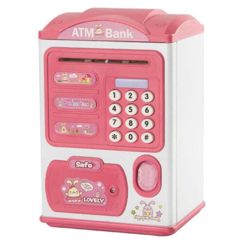 Cofrinho eletrônico infantil com trava de senha, para dinheiro e moedas, cor rosa claro.