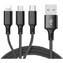 Cabo de carregamento USB universal 3 em 1, 1,2 m, preto, compatível com dispositivos Apple e Android.