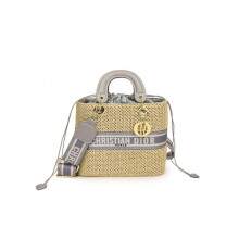 (Grey, Large) One-shoulder straw crossbody versatile handbag
