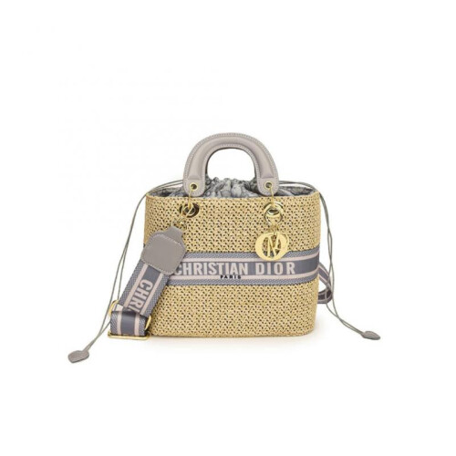 (Grey, Large) One-shoulder straw crossbody versatile handbag