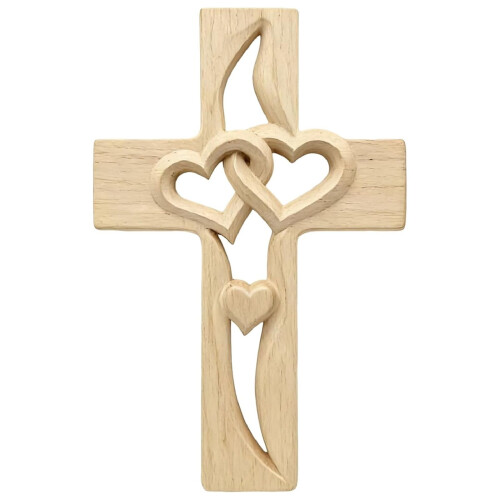 Croix murale en bois sculptée à la main, ornée de cœurs entrelacés 1