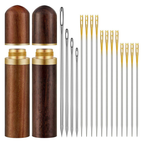 Wooden needle case with self-threading and leather needles 1