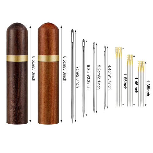 Wooden needle case with self-threading and leather needles 2