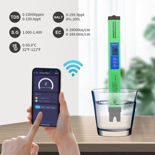 Ψηφιακός ανιχνευτής θερμοκρασίας νερού 5 σε 1, EC TDS, αλάτι, SG, έλεγχος Bluetooth APP για 1