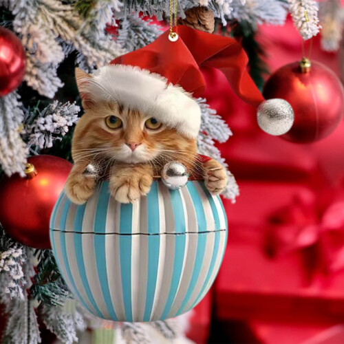 Christmas Cat Ornament 2D Flat Kitten with Santa Hat Red 1