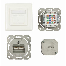 Dosen TP, UP, 2-fach, CAT6A, 500Mhz, Reinweiss, LSA, Synergy 21, waagrechter hinterer Kabeleingang