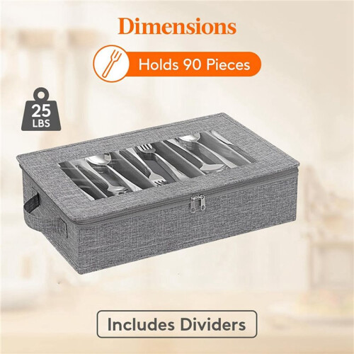 2X Silverware Box,Flatware Organizer with Zipper Lid, 5 Compartment Cutlery Case with Adjustable Divider and Handle 2
