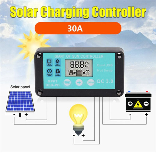 2X MPPT Solar Charge Controller Multiple Protection Solar Solar QC3.0 Controller with LCD Screen(30A) 1