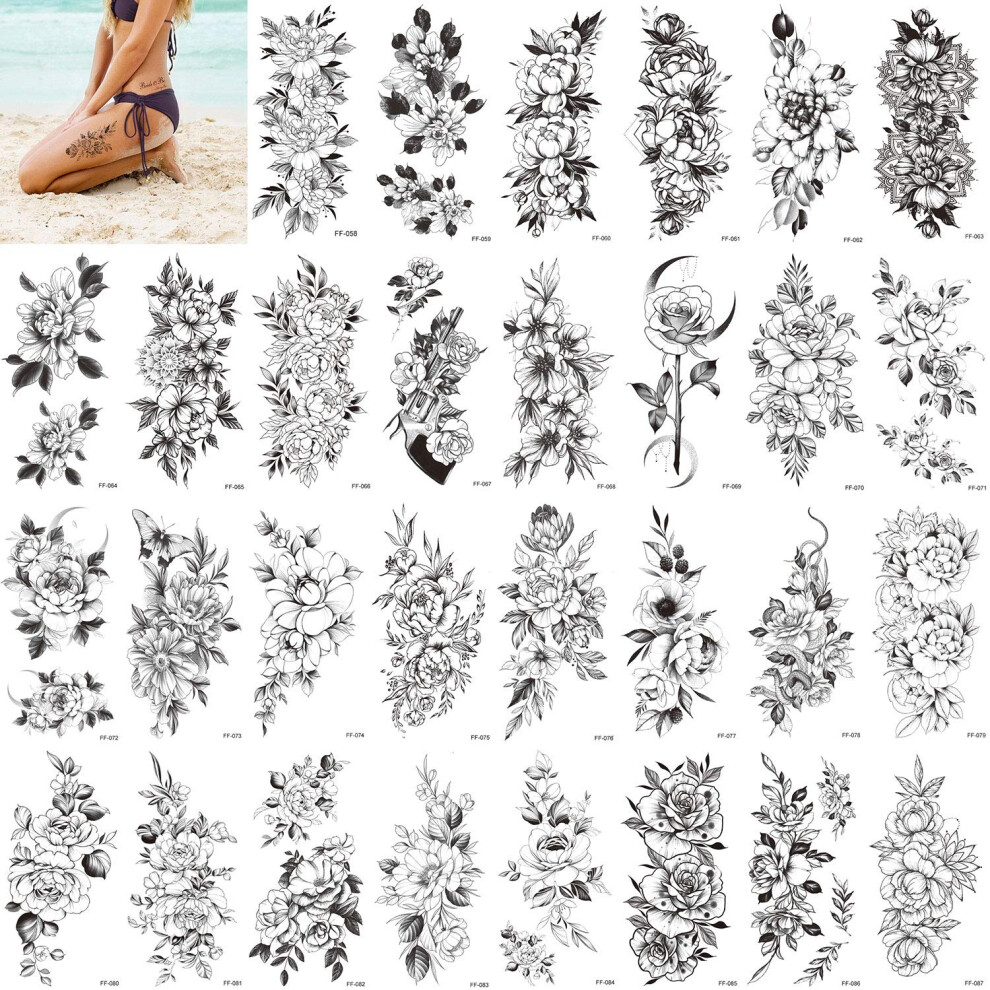 Pinone 30 Pcs Flower Temporary Tattoo Sticker For Woman,Beautiful Floral Fake Tattoo