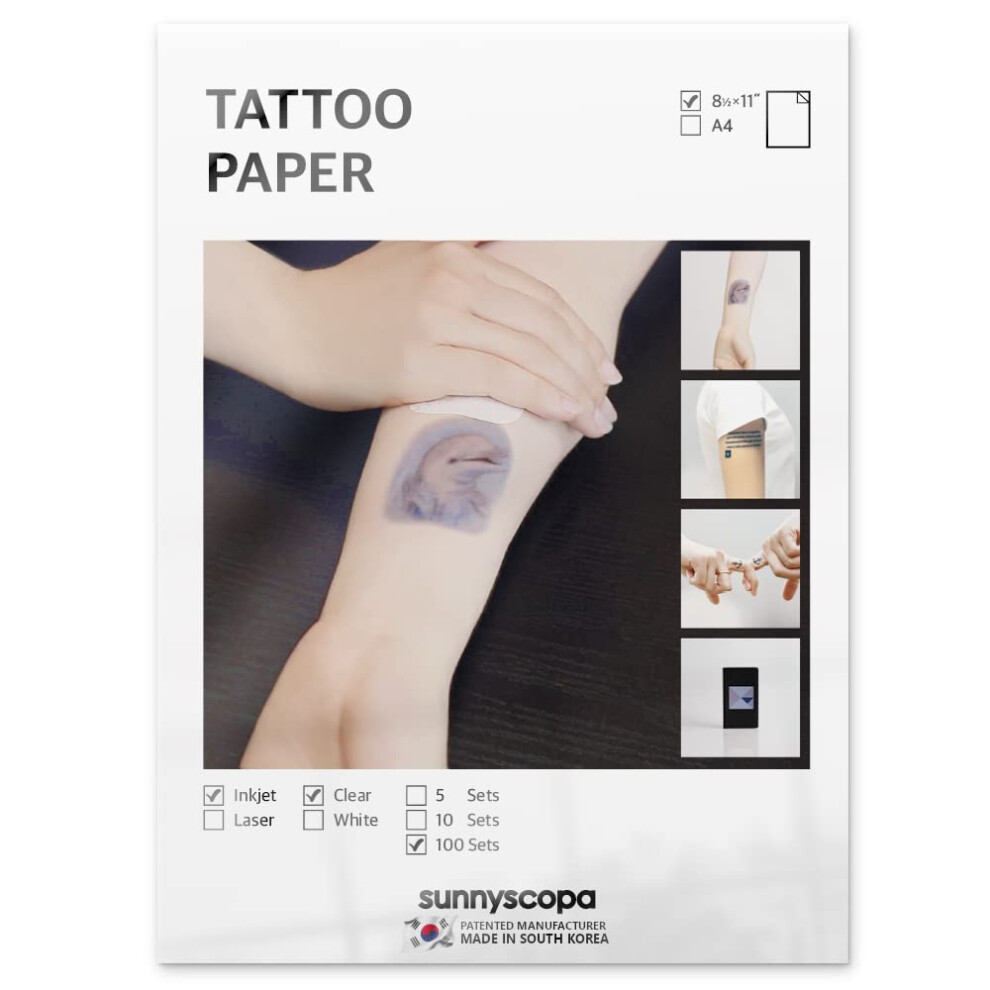 Sunnyscopa Printable Temporary Tattoo Paper For Inkjet Printer - Us Letter Size 8.5"X11", 100 Sheets - Diy Personalized Image Transfer Sheet For Skin