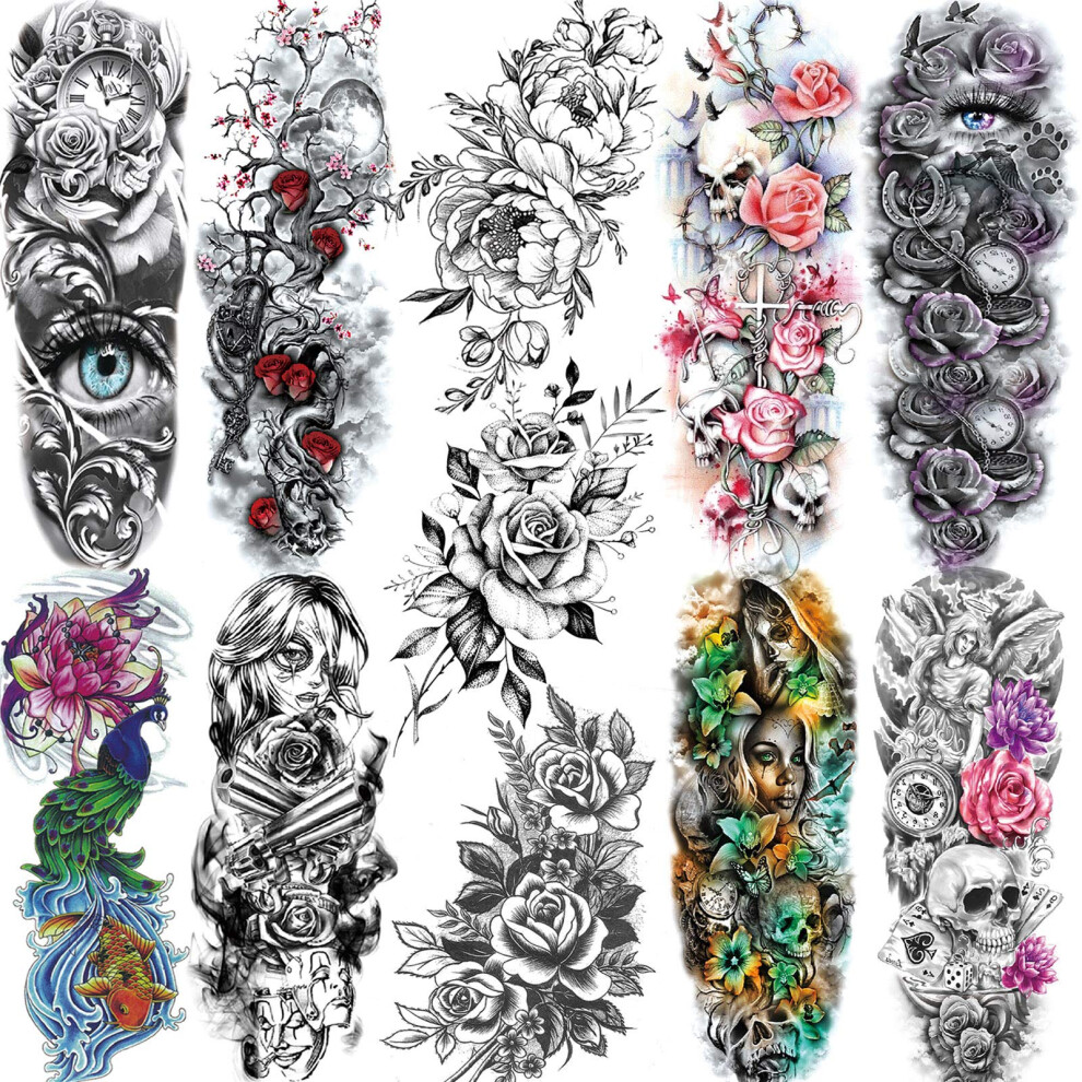 Joehapy 11 Sheets Nezar Large Vine Peony Flower Rose Full Arm Temporary Tattoos For Women Realistic Skull Skeleton Fake Temporary Tattoo Sleeves Stickers Wate