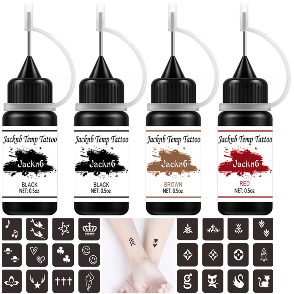 Jacknb Temporary Tattoo Kit Freehand Ink Semi Permanent Tattoo Jagua Gel 40 Pcs Free Stencils Diy Fake Freckles Temp Tattoos For Women Kids Men - Full