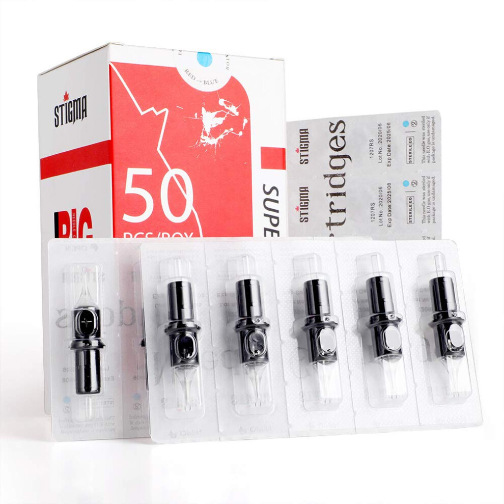 Stigma #12(7Rs) Standard Disposable Tattoo Needle Cartridges With Membrane Safety Cartridges For Tattoo Artists Round Shader 50Pcs Super Value Pack En