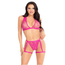 LEG AVENUE - 86148 ENSEMBLE SOUTIEN-GORGE ET CULOTTE EN DENTELLE AVEC PORTE-JARRETELLES ROSE - TAILLE UNIQUE