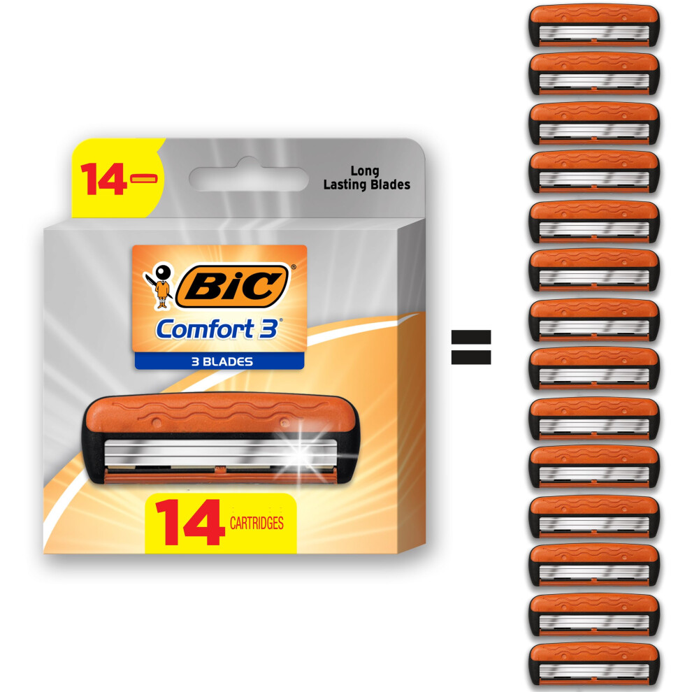Bic Comfort 3 Refillable Refill Razor Cartridges, Three-Blade Disposable Razors For Men, Sensitive Skin Razor For A Comfortable Shave, 14 Razor Refill
