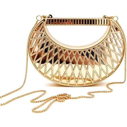 Bolsa Transversal de Acrílico em Forma de Lua Crescente, Clutch  de Lattice Oco com Alça de Corrente, Ouro