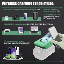 Trådlös Laddare för 40V-Batteri, 15W Max Trådlös Laddningsadapter för Mobiltelefon med USB- och Type C-Portar