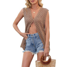 Female Sleeveless Knit Vest Top V Neck Open Top Brown M