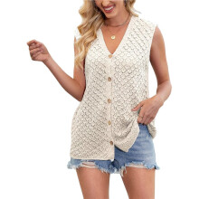 Female Sleeveless Knit Vest Top V Neck Open Top Apricot Color M