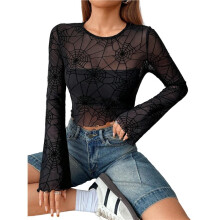 Womens Mesh Long Sleeve Tops Crew Neck See Through Tee Shirts Party Club Night Lace Blouse Black S