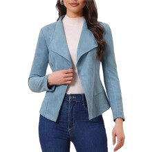 Women Faux Suede Jacket Lapel Draped Open Front Cardigan Casual Trendy Suede Blazer Sky L